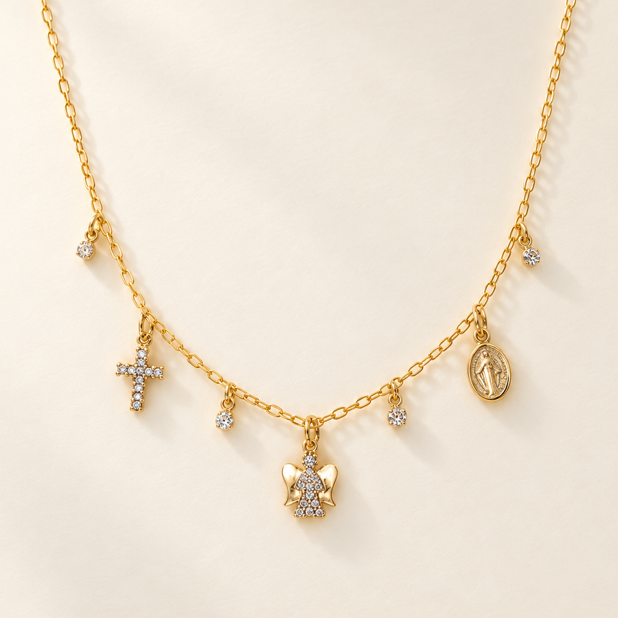 Collana Croce, Credo e Vergine Maria in Oro