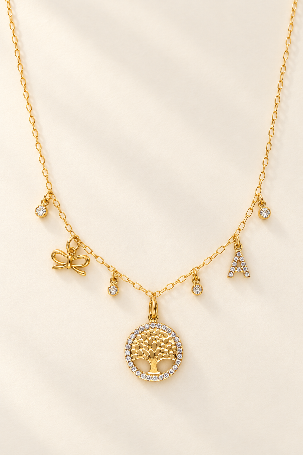 Collana Fiocco, Albero della Vita e Lettera A in Oro - Oro Giallo 18 kt | Facco Gioielli