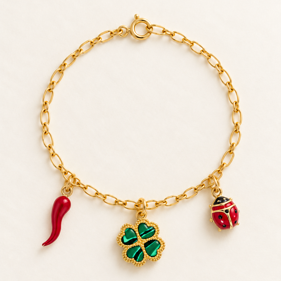 Bracciale Cornetto, Quadrifoglio e Coccinella in Oro