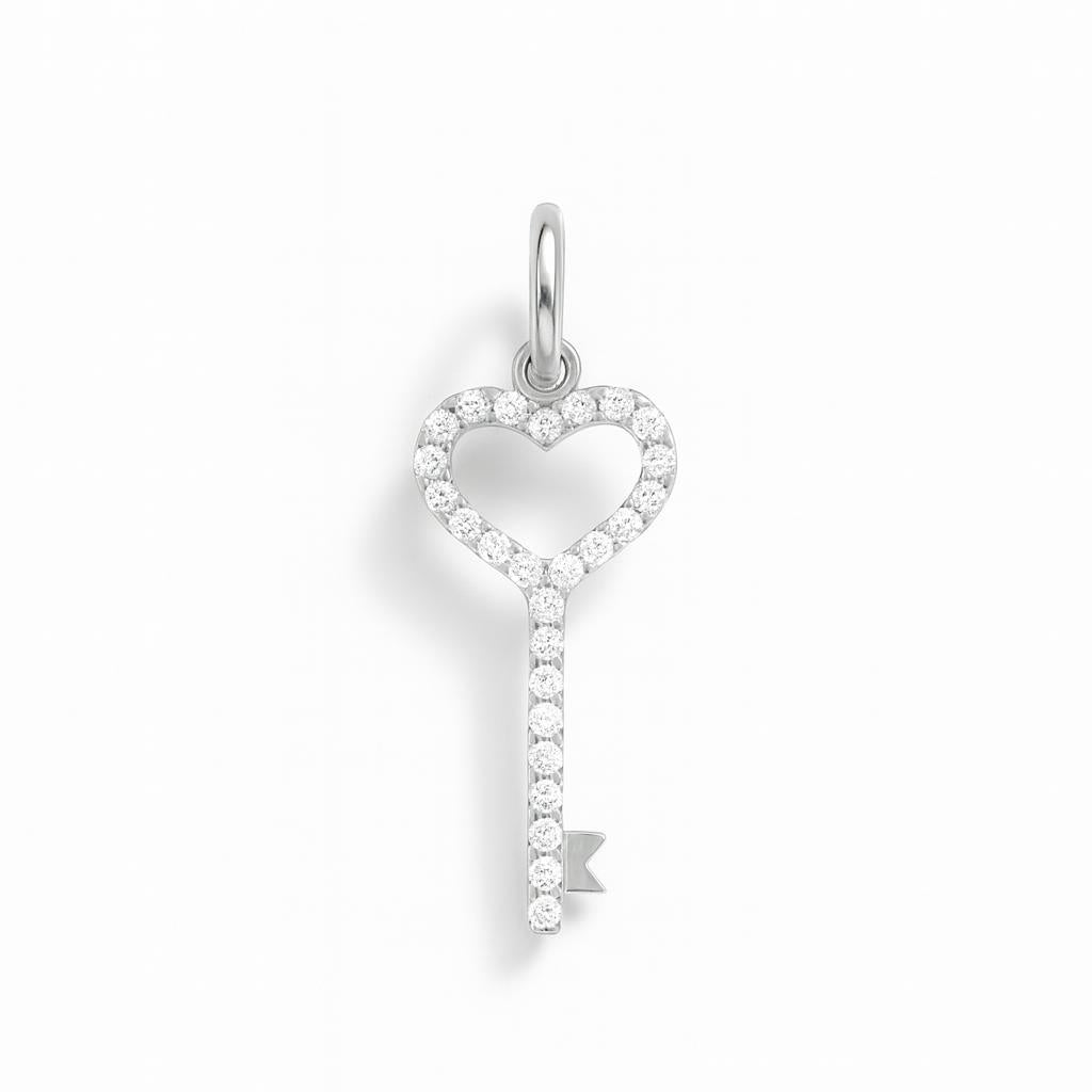 Charm Chiave Cuore in Oro Bianco e Zirconi