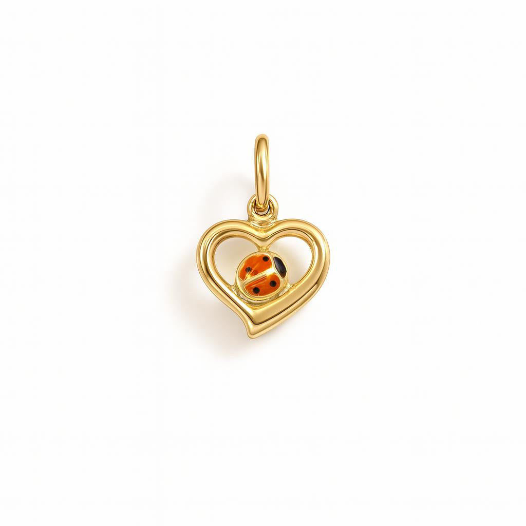 Yellow Gold and Red Enamel Ladybug Heart Charm