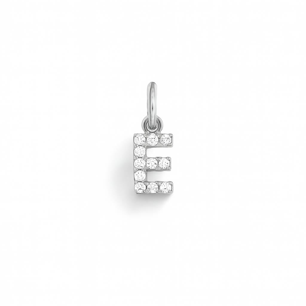 Charm Lettera E in Oro Bianco e Zirconi – Modello 2