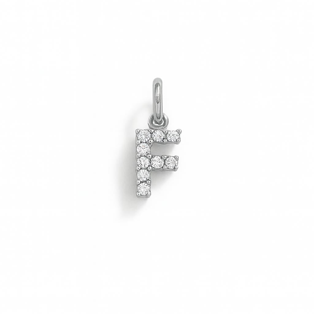 Charm Lettera F in Oro Bianco e Zirconi – Modello 2