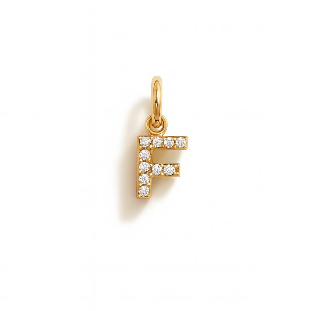 Letter F Charm in Yellow Gold and Cubic Zirconia – Model 2