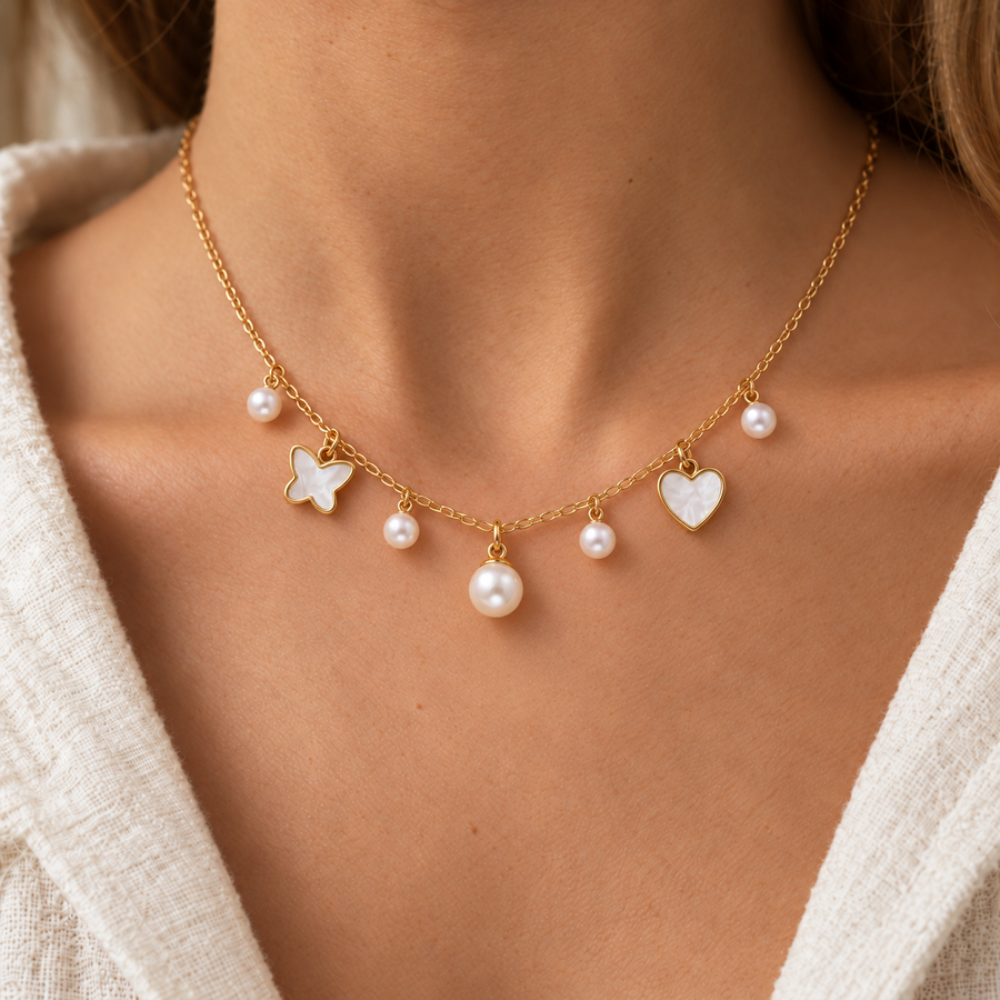 Collar Perla, Mariposa y Corazón en Oro