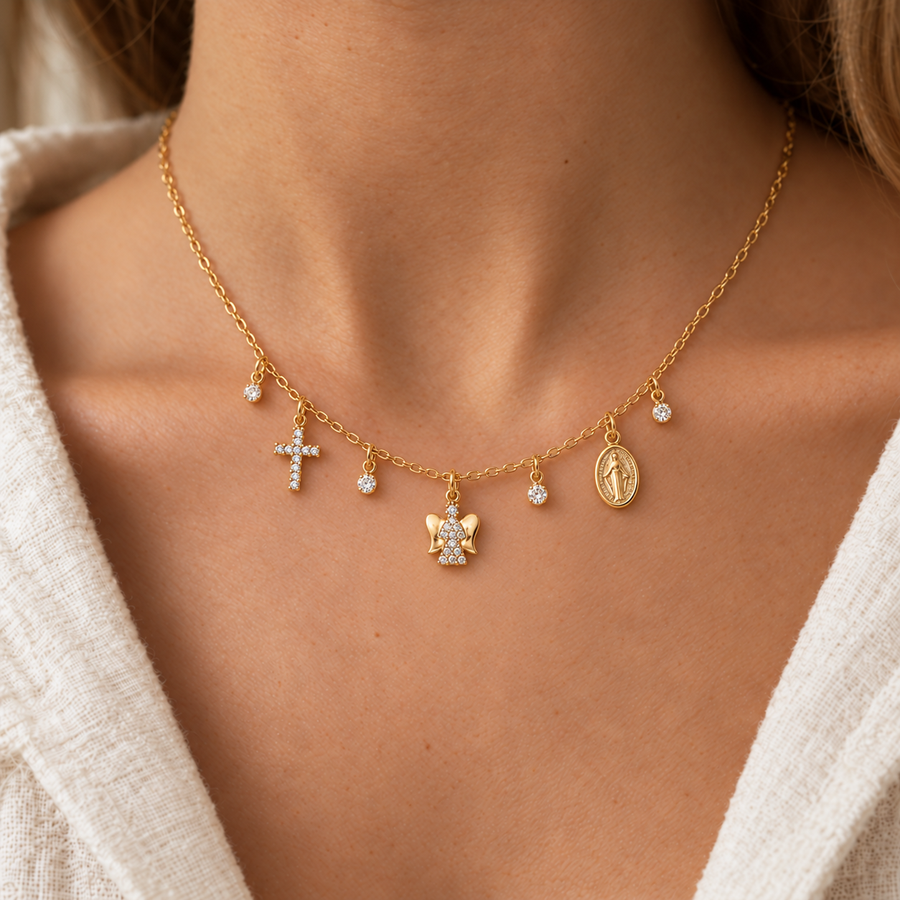 Collar Cruz, Credo y Virgen María en Oro