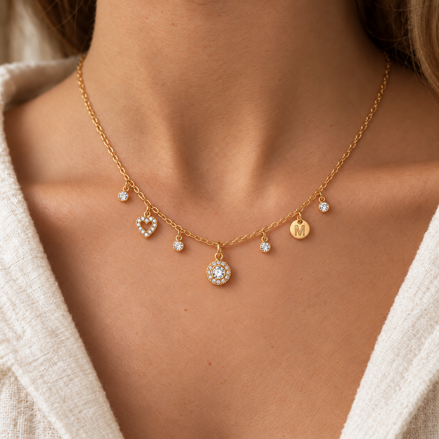 Collar Luz, Letra M y Corazón en Oro