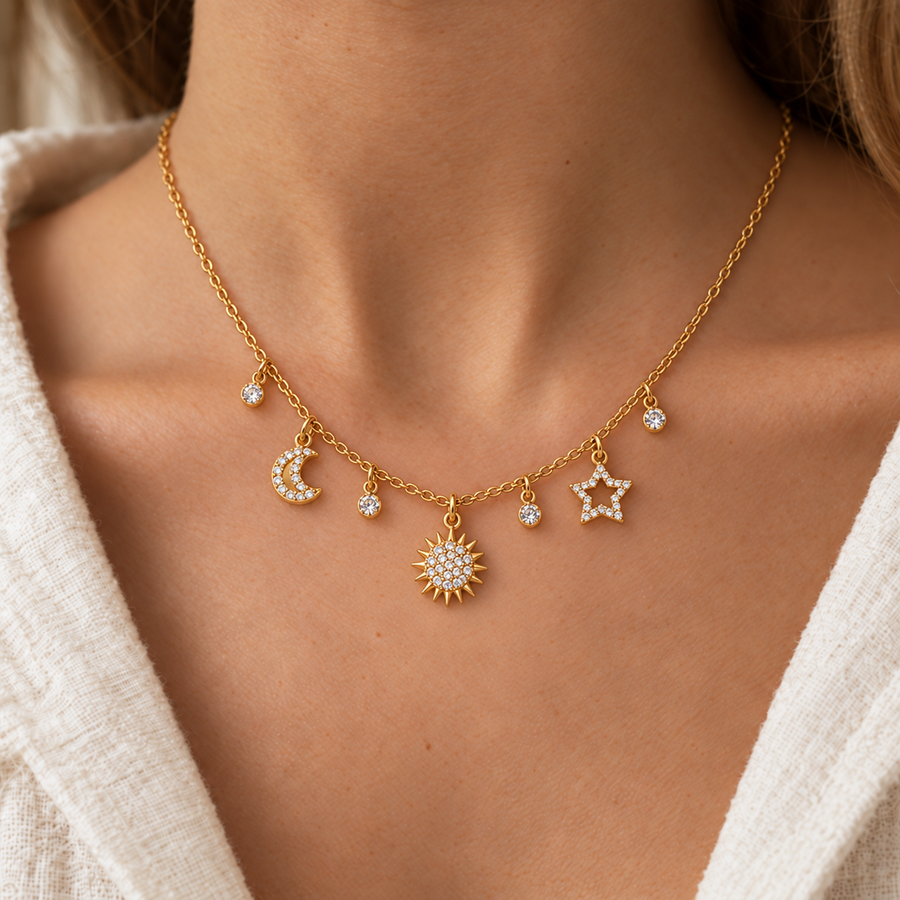 Collar Luna, Sol y Estrella en Oro