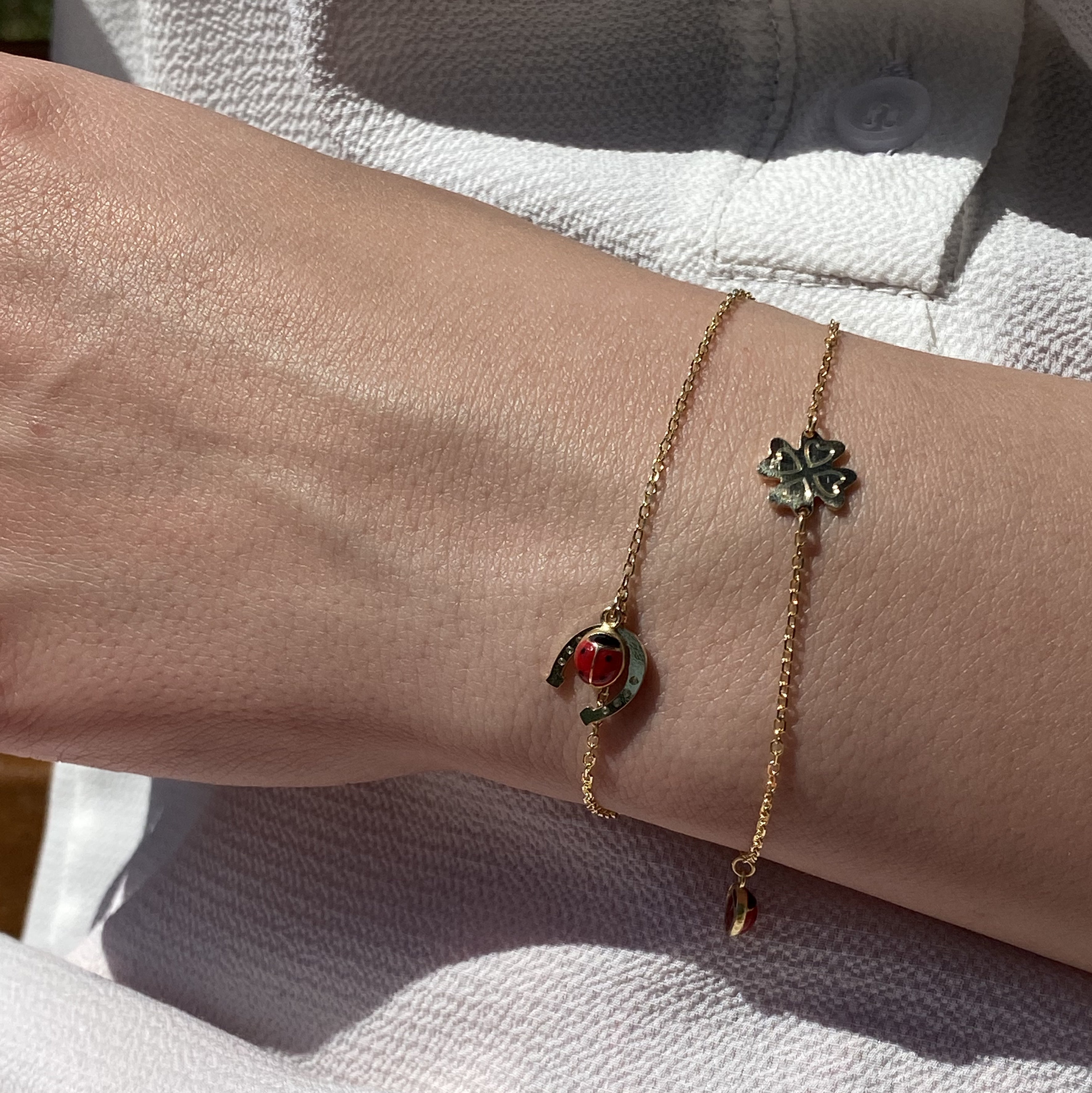 Ladybug Four Leaf Clover Bracelet in Real Gold