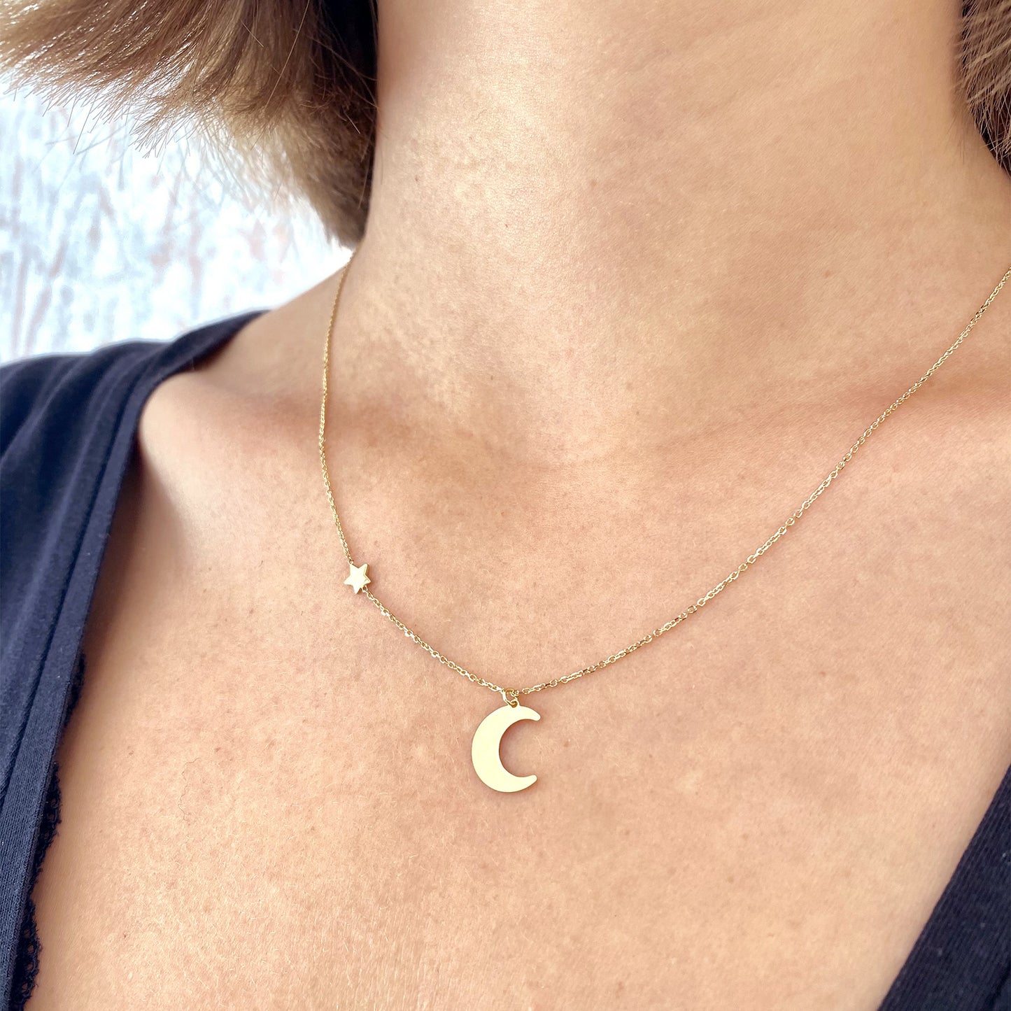 Moon and Star Necklace in Real Gold 